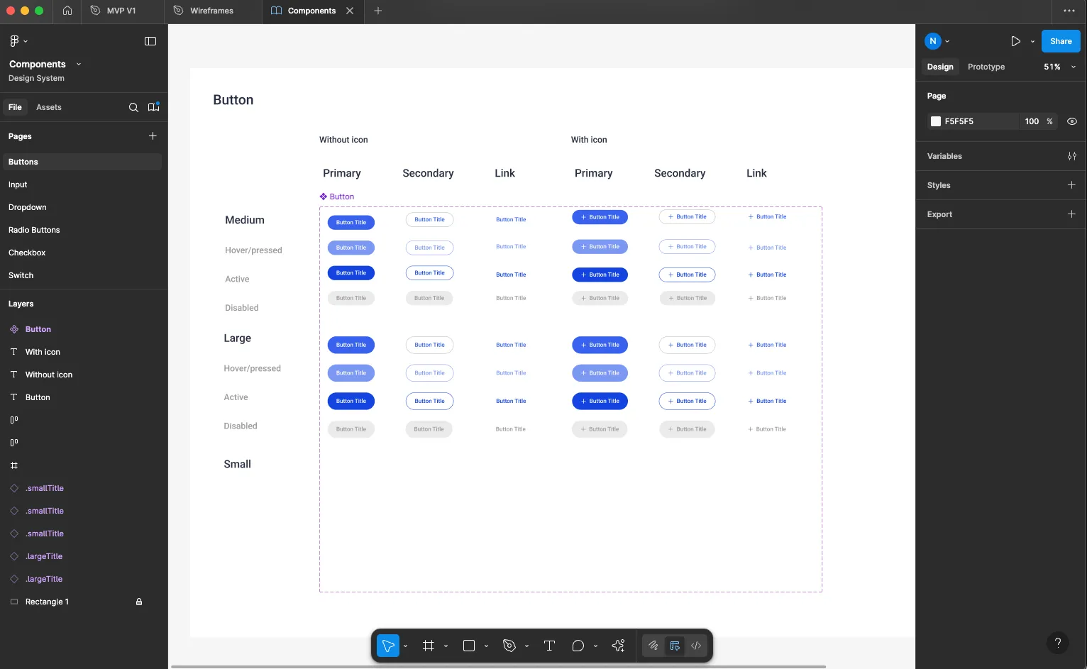 Figma components page showing UI components including buttons across sizes and states