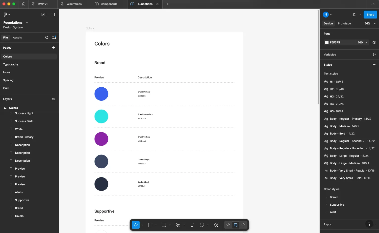Figma foundations page showing the colour palette and design token structure