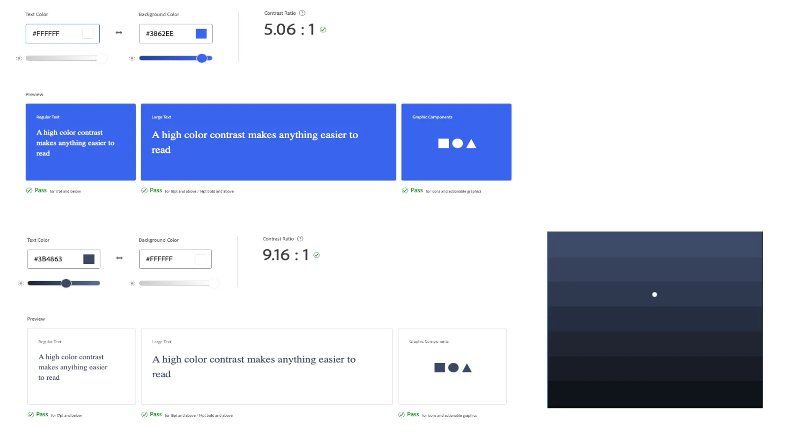 WCAG contrast ratio checks showing primary blue on white (5.06:1, Pass) and dark navy on white (9.16:1, Pass)
