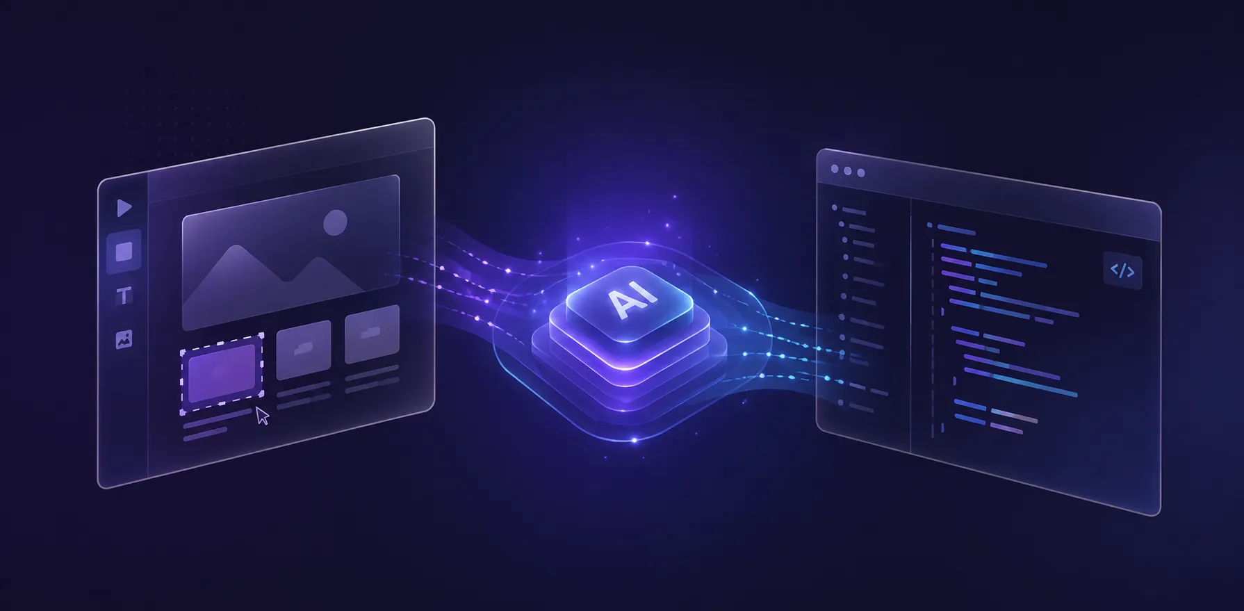 Illustration showing design flowing through an AI layer into production code