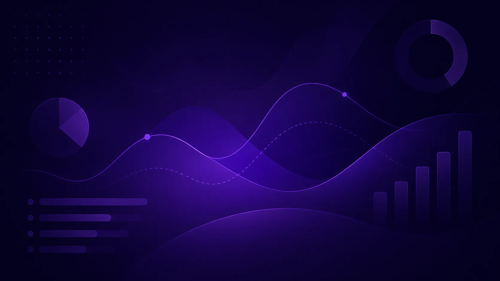 Abstract purple data visualization illustration with wave charts, pie charts and bar graphs