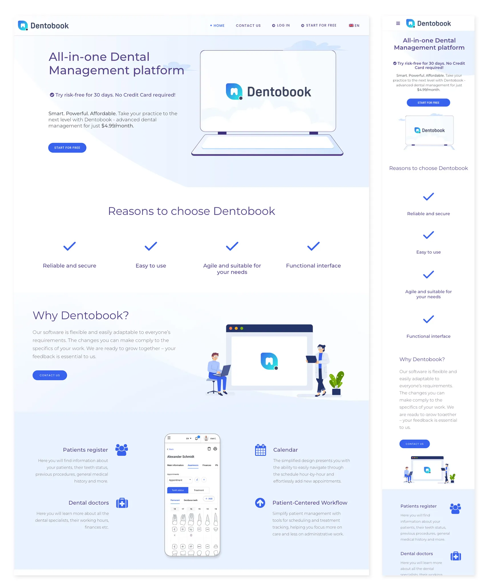 Dentobook landing page showing the platform hero with laptop mockup