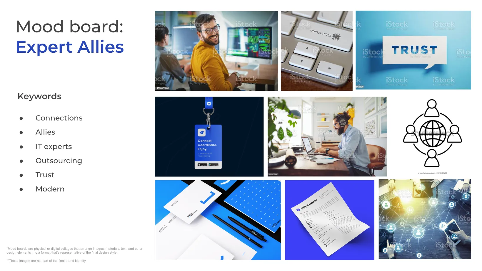 Expert Allies mood board with visual references for trust, professionalism and modern technology