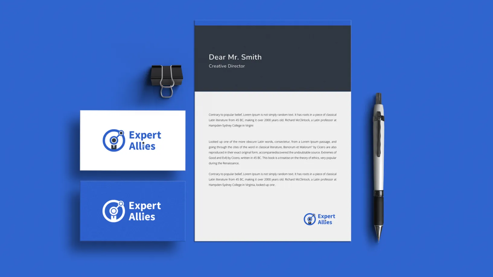 Expert Allies brand applied to business cards and a letterhead document