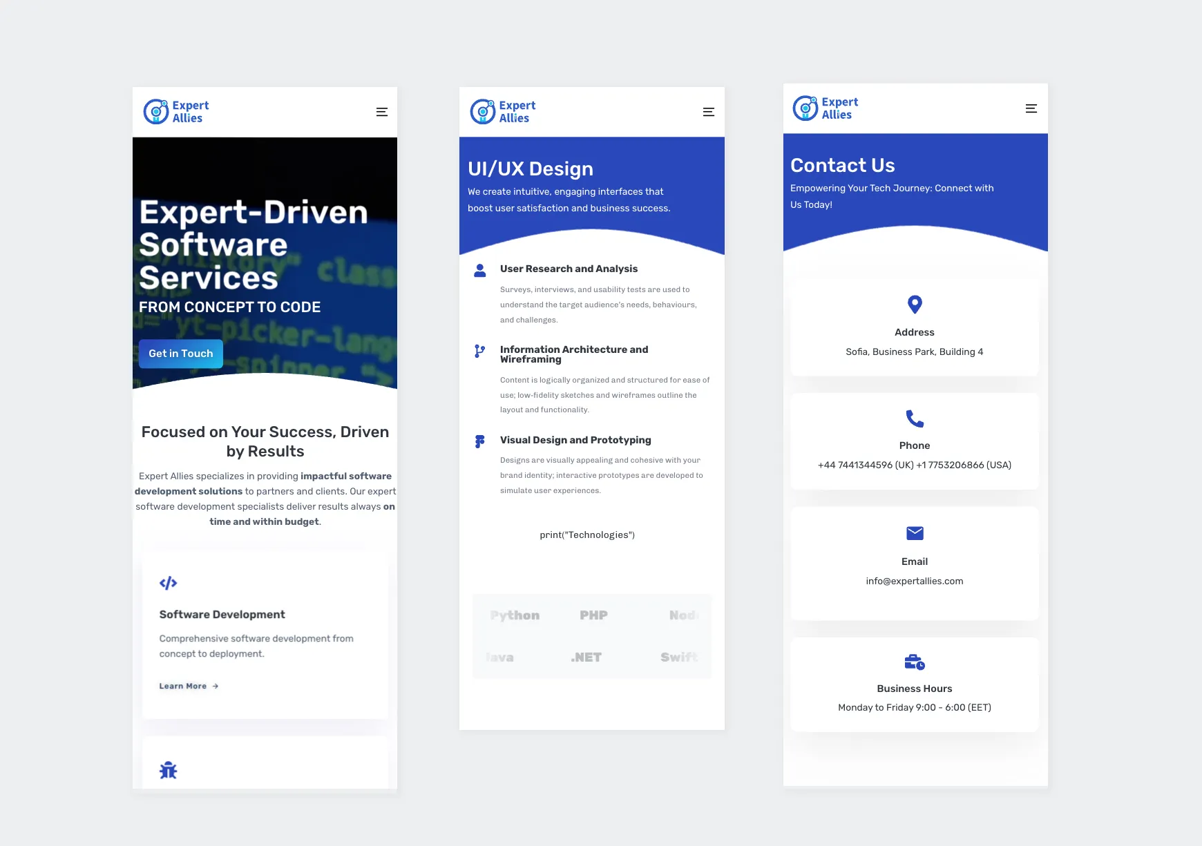 Expert Allies mobile website shown across three screens: homepage, services and contact