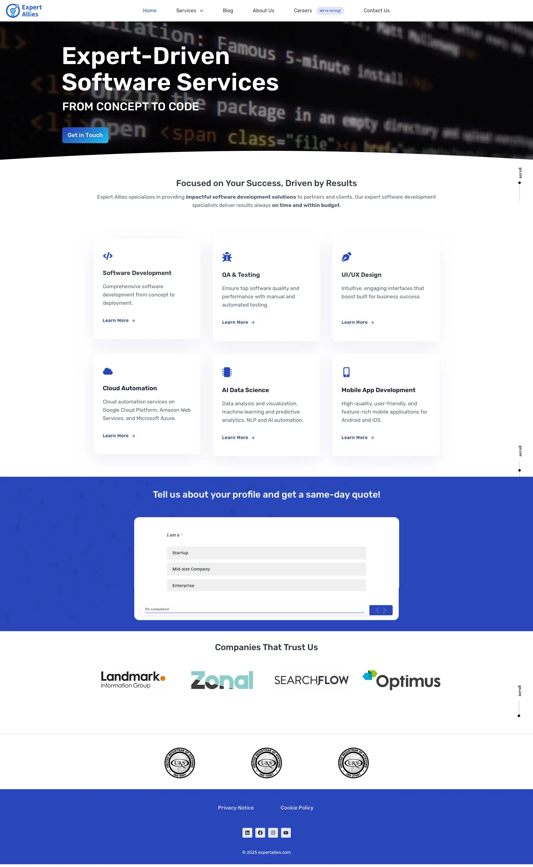 Expert Allies website homepage showing services, social proof and call to action sections