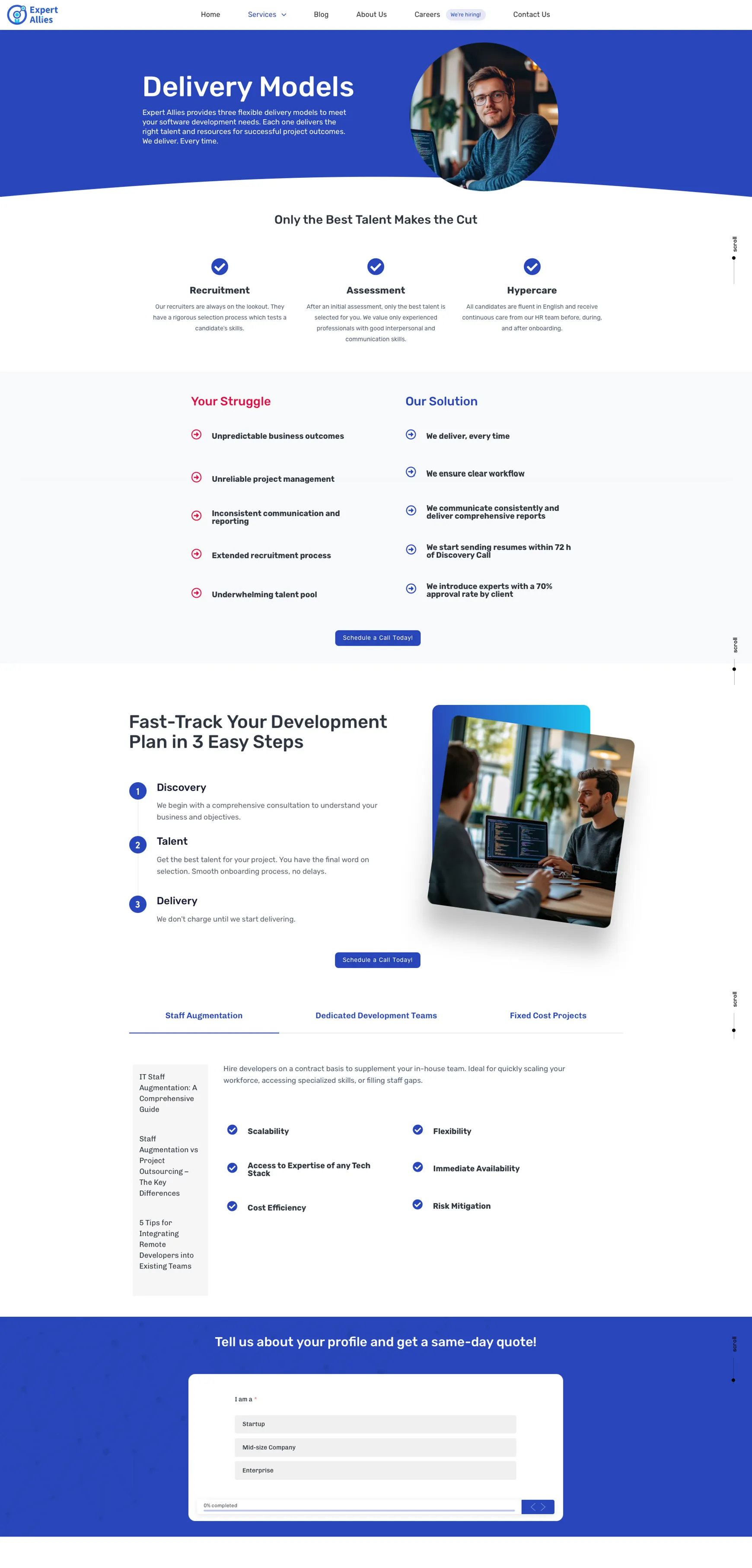 Expert Allies delivery models page showing service options, process steps and comparison sections