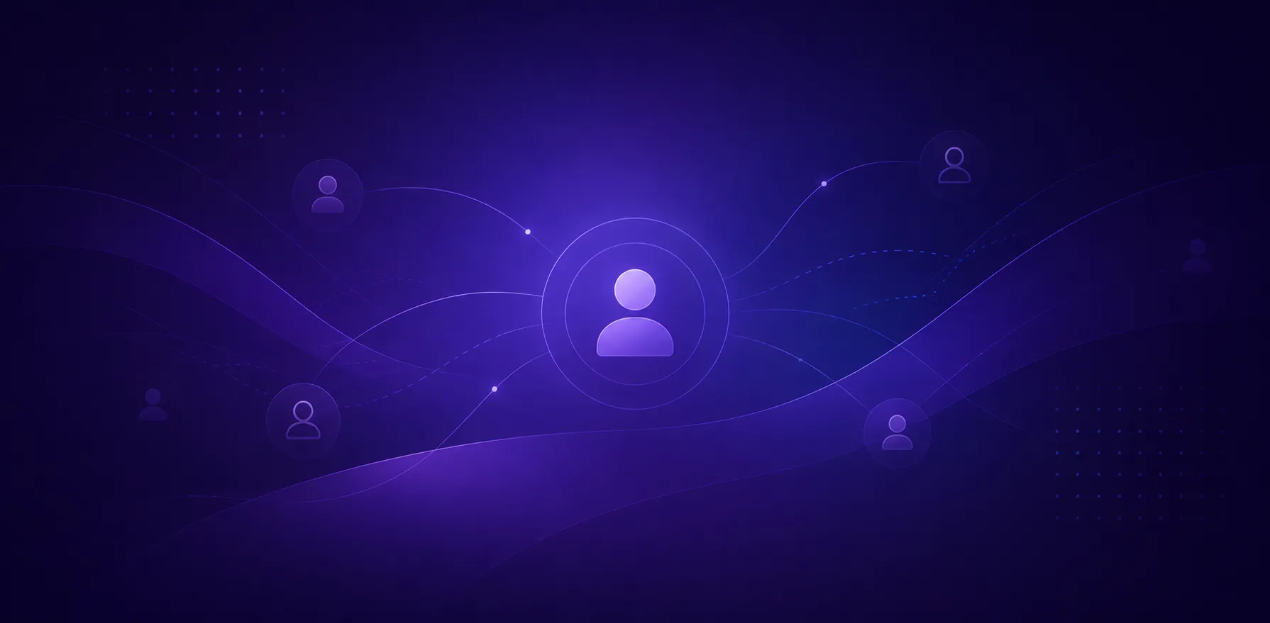 Abstract purple illustration showing connected user profiles across flowing curves